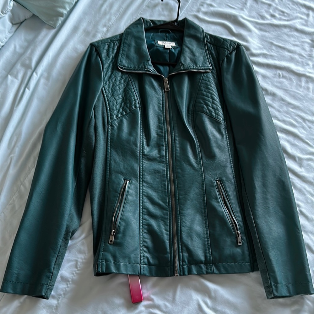 Teal colored leather pleather jacket
